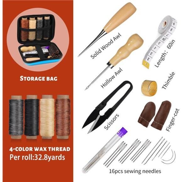 Leather Sewing Kit, Leather Stitching Kit with Sewing Awl, Needles, Waxed Thread - Picture 1 of 7